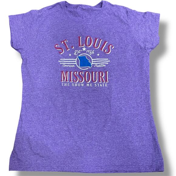 St Louis Missouri Tee Women's Cut The Show Me State Graphic Purple T-Shirt - Picture 1 of 5